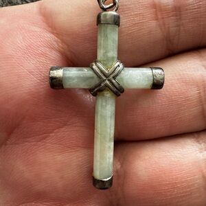 Elegant Vintage Sterling Silver and Green Jade Cross Pendant